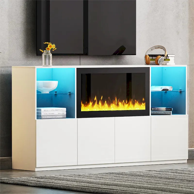 Mueble para TV con chimenea eléctrica de 34.2 pulgadas que no emite calor, centro de entretenimiento con luz LED, estantes de vidrio templado para televisores de hasta 75 pulgadas