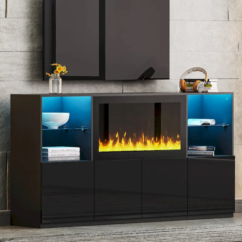 Mueble para TV con chimenea eléctrica de 34.2 pulgadas que no emite calor, centro de entretenimiento con luz LED, estantes de vidrio templado para televisores de hasta 75 pulgadas