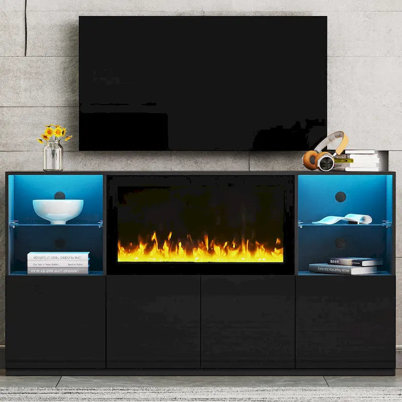 Mueble para TV con chimenea eléctrica de 34.2 pulgadas que no emite calor, centro de entretenimiento con luz LED, estantes de vidrio templado para televisores de hasta 75 pulgadas