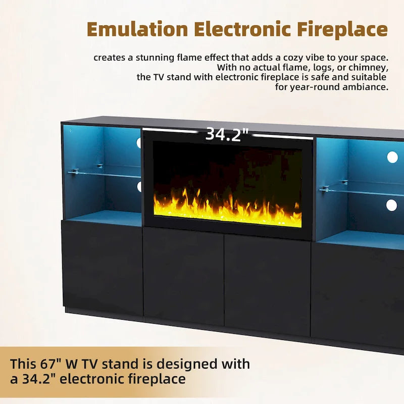 Mueble para TV con chimenea eléctrica de 34.2 pulgadas que no emite calor, centro de entretenimiento con luz LED, estantes de vidrio templado para televisores de hasta 75 pulgadas