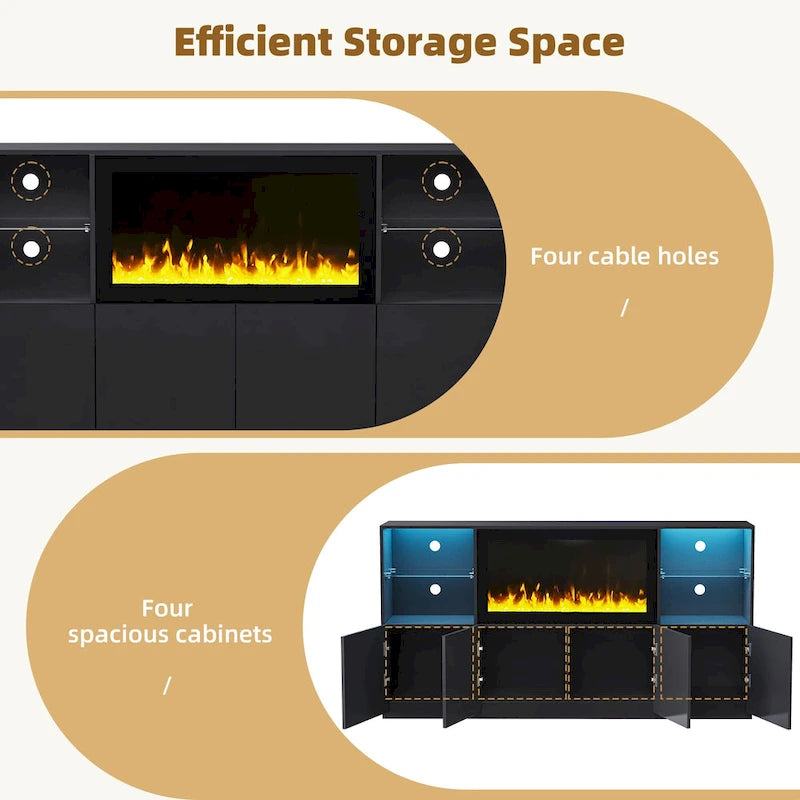 Mueble para TV con chimenea eléctrica de 34.2 pulgadas que no emite calor, centro de entretenimiento con luz LED, estantes de vidrio templado para televisores de hasta 75 pulgadas