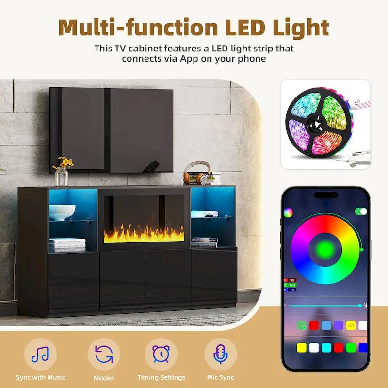Mueble para TV con chimenea eléctrica de 34.2 pulgadas que no emite calor, centro de entretenimiento con luz LED, estantes de vidrio templado para televisores de hasta 75 pulgadas