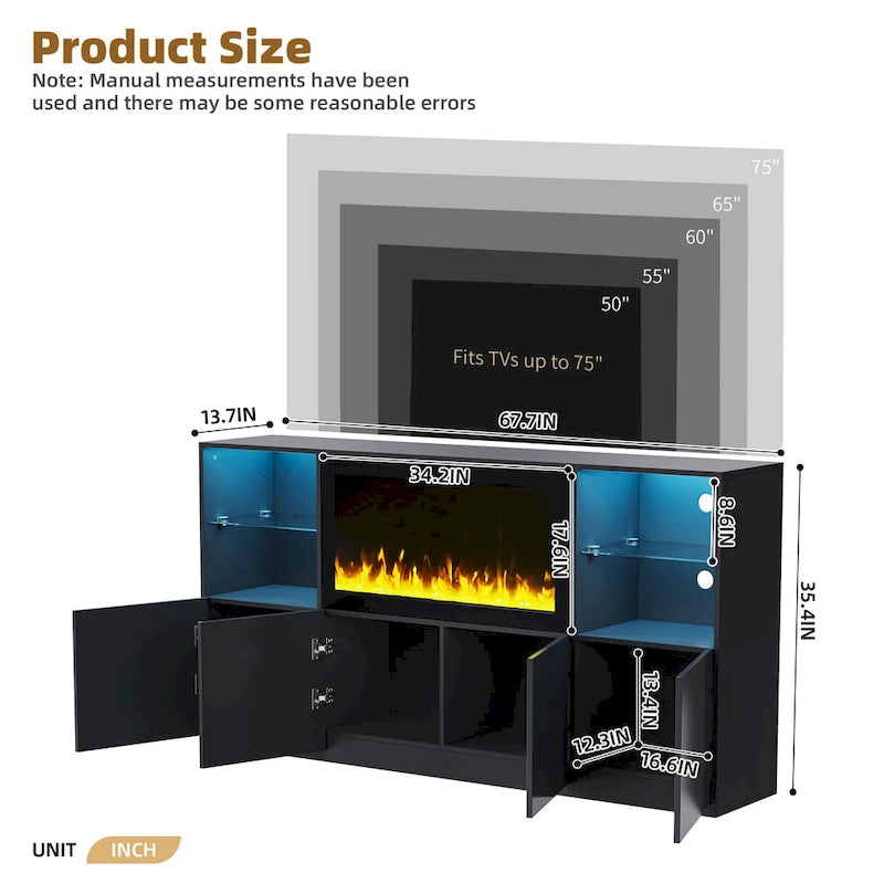 Mueble para TV con chimenea eléctrica de 34.2 pulgadas que no emite calor, centro de entretenimiento con luz LED, estantes de vidrio templado para televisores de hasta 75 pulgadas