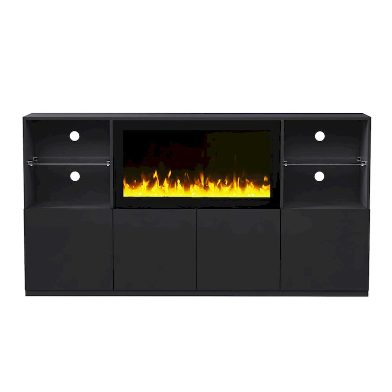 Mueble para TV con chimenea eléctrica de 34.2 pulgadas que no emite calor, centro de entretenimiento con luz LED, estantes de vidrio templado para televisores de hasta 75 pulgadas