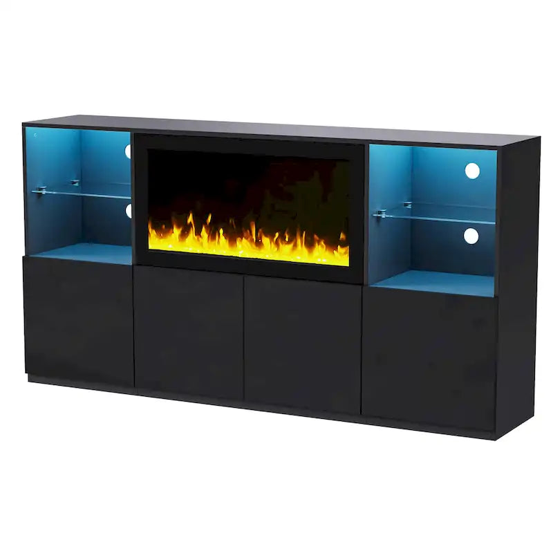 Mueble para TV con chimenea eléctrica de 34.2 pulgadas que no emite calor, centro de entretenimiento con luz LED, estantes de vidrio templado para televisores de hasta 75 pulgadas