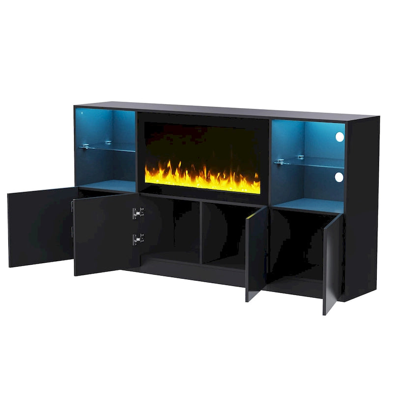 Mueble para TV con chimenea eléctrica de 34.2 pulgadas que no emite calor, centro de entretenimiento con luz LED, estantes de vidrio templado para televisores de hasta 75 pulgadas