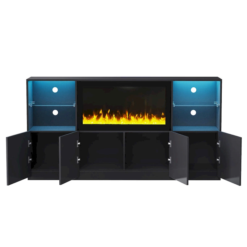 Mueble para TV con chimenea eléctrica de 34.2 pulgadas que no emite calor, centro de entretenimiento con luz LED, estantes de vidrio templado para televisores de hasta 75 pulgadas