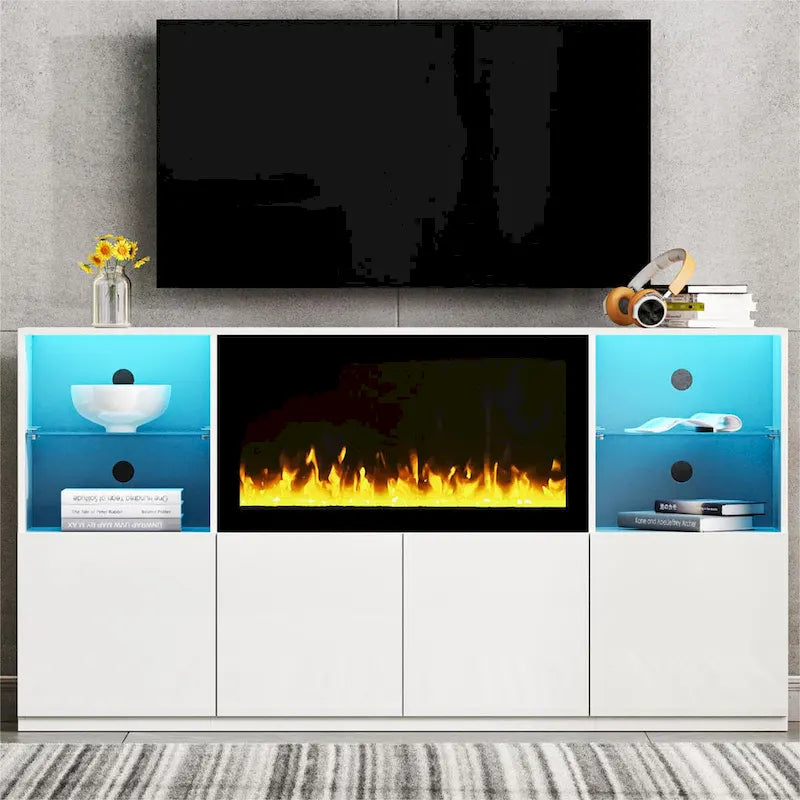 Mueble para TV con chimenea eléctrica de 34.2 pulgadas que no emite calor, centro de entretenimiento con luz LED, estantes de vidrio templado para televisores de hasta 75 pulgadas