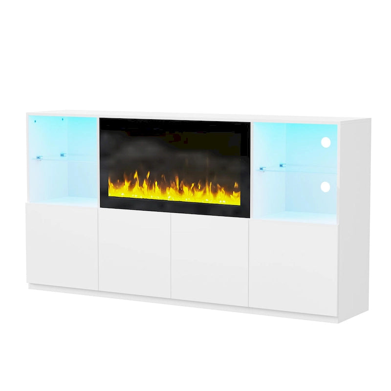 Mueble para TV con chimenea eléctrica de 34.2 pulgadas que no emite calor, centro de entretenimiento con luz LED, estantes de vidrio templado para televisores de hasta 75 pulgadas