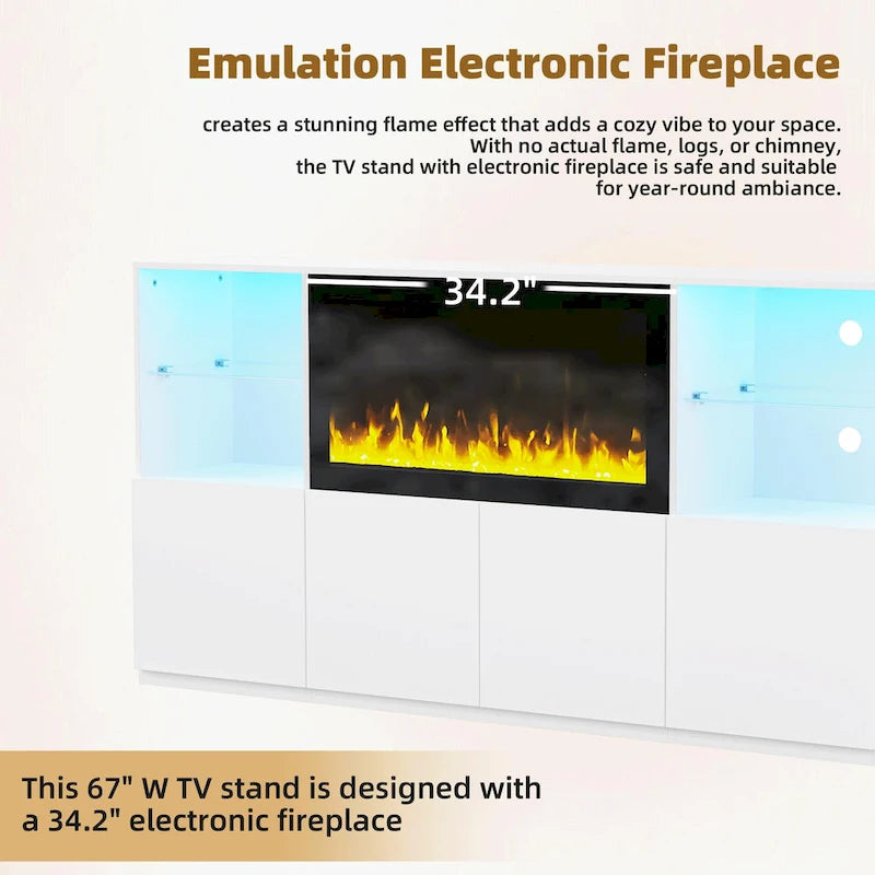 Mueble para TV con chimenea eléctrica de 34.2 pulgadas que no emite calor, centro de entretenimiento con luz LED, estantes de vidrio templado para televisores de hasta 75 pulgadas