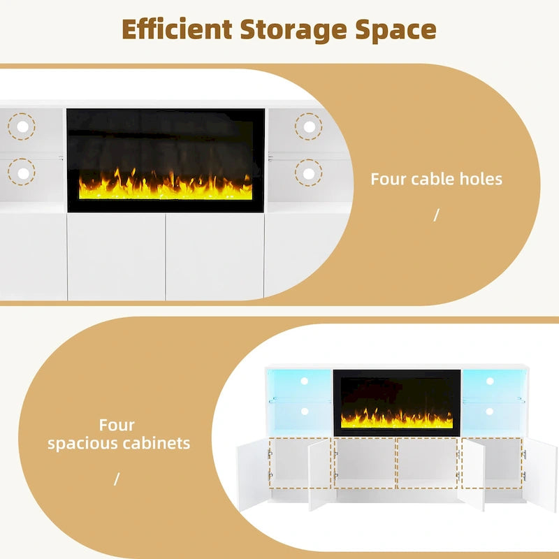 Mueble para TV con chimenea eléctrica de 34.2 pulgadas que no emite calor, centro de entretenimiento con luz LED, estantes de vidrio templado para televisores de hasta 75 pulgadas