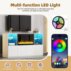 Mueble para TV con chimenea eléctrica de 34.2 pulgadas que no emite calor, centro de entretenimiento con luz LED, estantes de vidrio templado para televisores de hasta 75 pulgadas