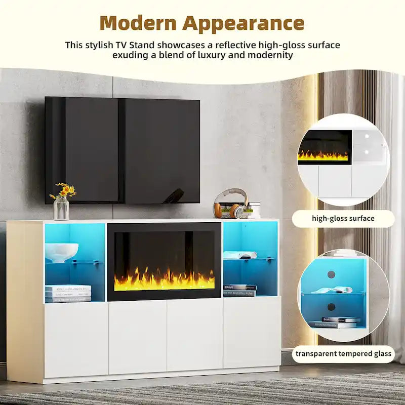 Mueble para TV con chimenea eléctrica de 34.2 pulgadas que no emite calor, centro de entretenimiento con luz LED, estantes de vidrio templado para televisores de hasta 75 pulgadas