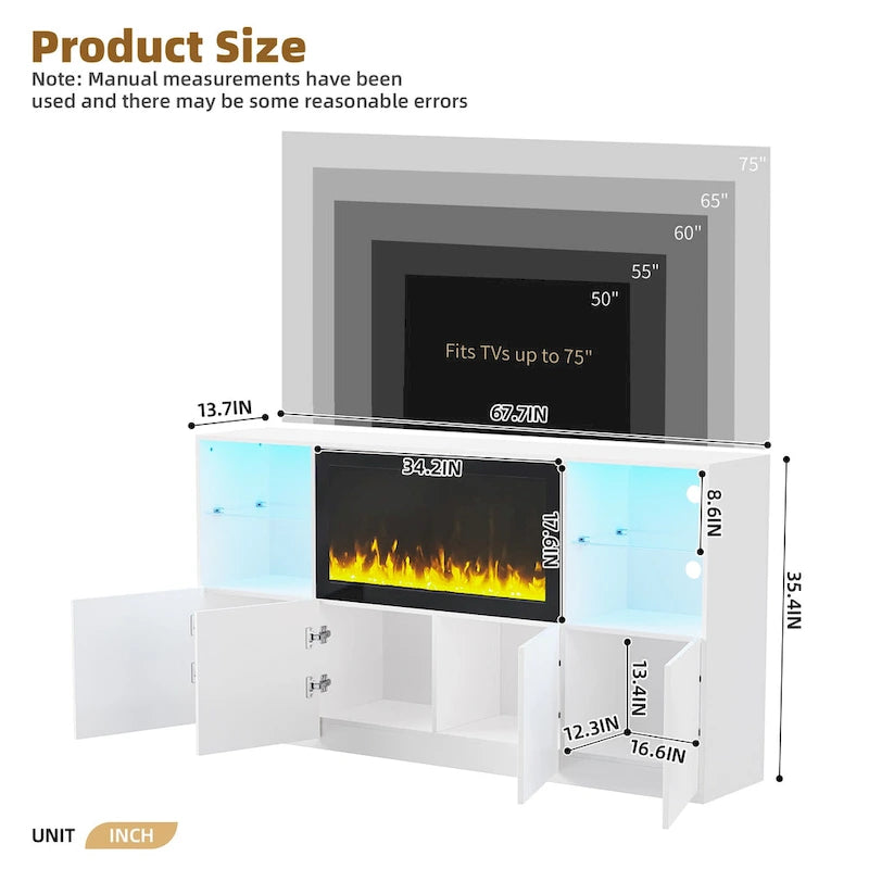 Mueble para TV con chimenea eléctrica de 34.2 pulgadas que no emite calor, centro de entretenimiento con luz LED, estantes de vidrio templado para televisores de hasta 75 pulgadas