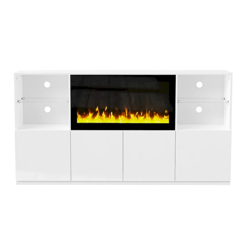 Mueble para TV con chimenea eléctrica de 34.2 pulgadas que no emite calor, centro de entretenimiento con luz LED, estantes de vidrio templado para televisores de hasta 75 pulgadas