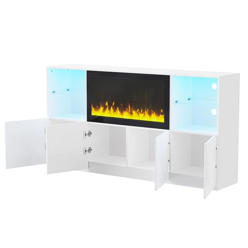 Mueble para TV con chimenea eléctrica de 34.2 pulgadas que no emite calor, centro de entretenimiento con luz LED, estantes de vidrio templado para televisores de hasta 75 pulgadas