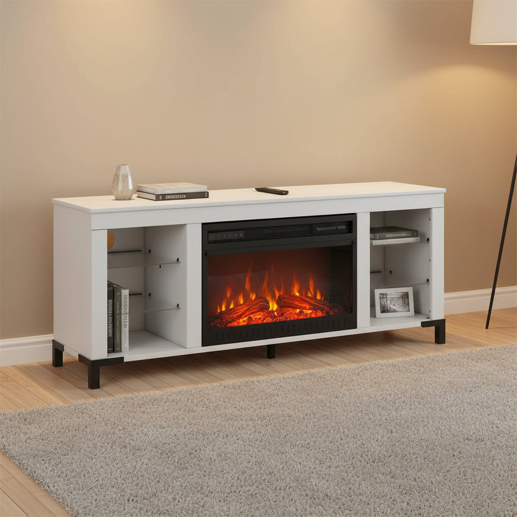 Mueble para TV blanco de 60" con chimenea eléctrica, para televisores de hasta 69"