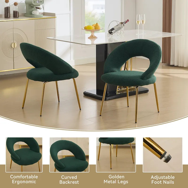 Juego de 1 silla de comedor con respaldo curvo y patas de metal dorado
