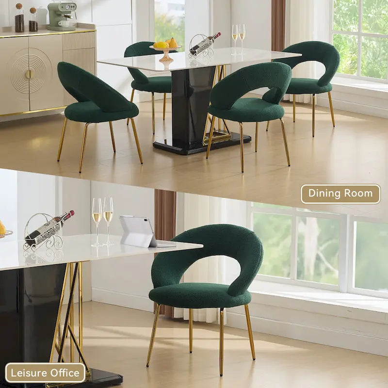 Juego de 1 silla de comedor con respaldo curvo y patas de metal dorado