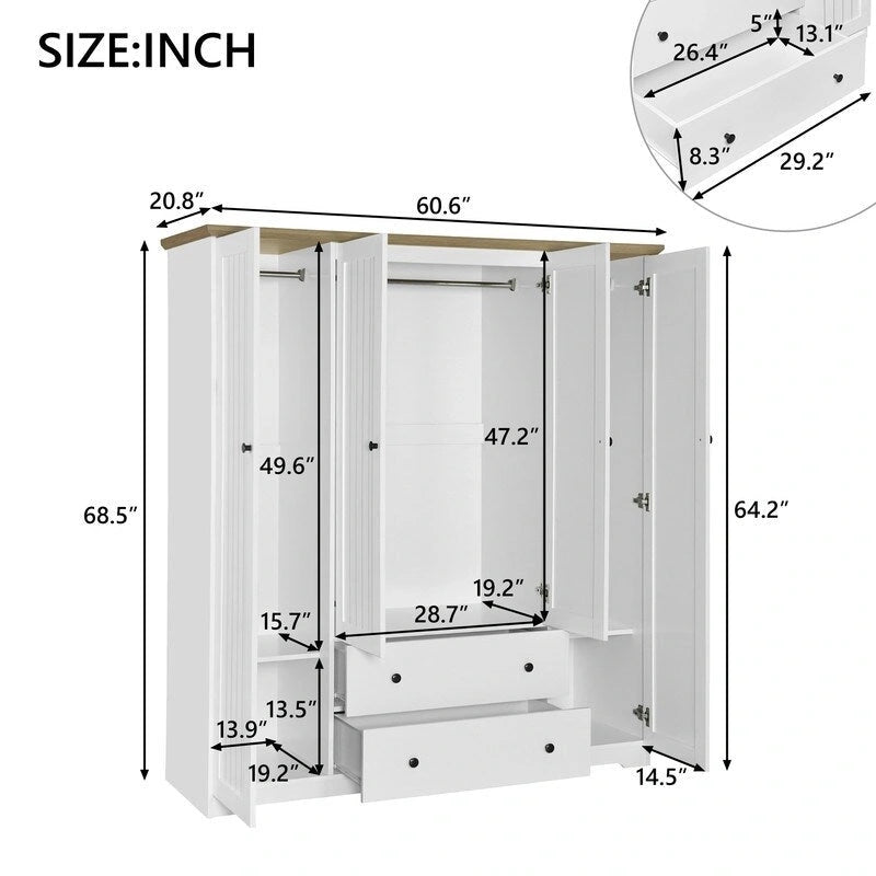 Armario de cuatro puertas con dos cajones - 60.6L x 20.8W x 68.5H