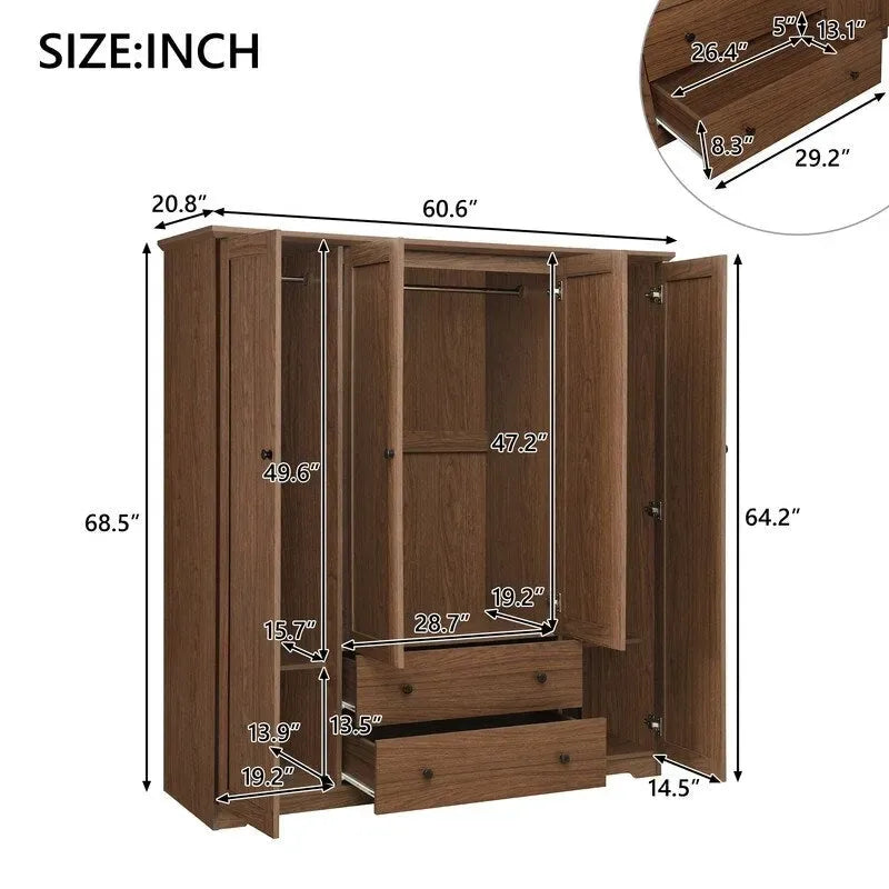 Armario de cuatro puertas con dos cajones - 60.6L x 20.8W x 68.5H