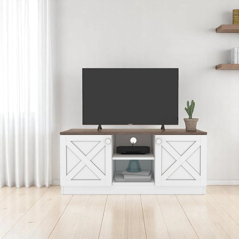 Mueble de TV moderno con 2 puertas, gabinetes de almacenamiento, acabado de madera, centro de entretenimiento para sala de estar