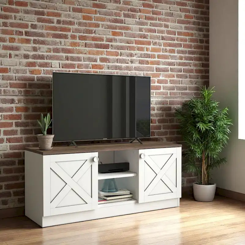 Mueble de TV moderno con 2 puertas, gabinetes de almacenamiento, acabado de madera, centro de entretenimiento para sala de estar