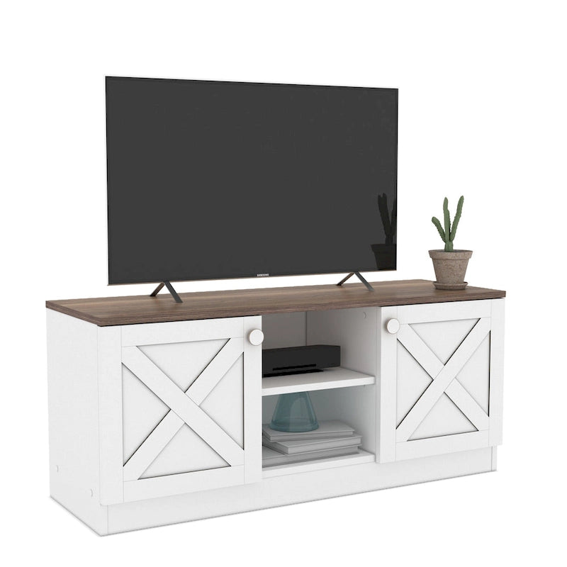 Mueble de TV moderno con 2 puertas, gabinetes de almacenamiento, acabado de madera, centro de entretenimiento para sala de estar