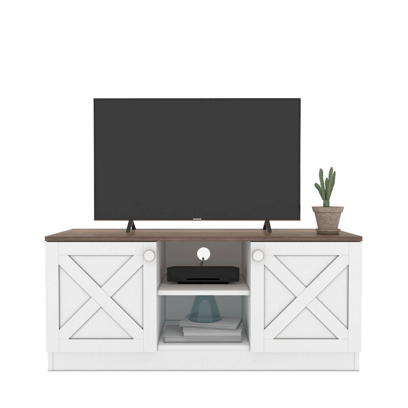 Mueble de TV moderno con 2 puertas, gabinetes de almacenamiento, acabado de madera, centro de entretenimiento para sala de estar