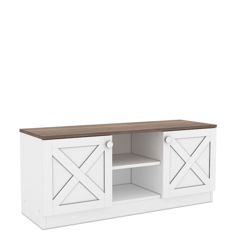 Mueble de TV moderno con 2 puertas, gabinetes de almacenamiento, acabado de madera, centro de entretenimiento para sala de estar
