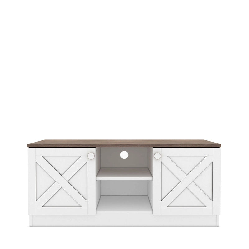 Mueble de TV moderno con 2 puertas, gabinetes de almacenamiento, acabado de madera, centro de entretenimiento para sala de estar