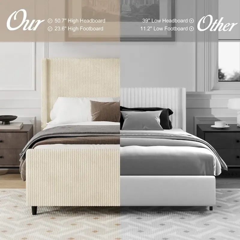 Cama tapizada en pana con cabecero de alas con rayas verticales, piecero, cama de plataforma de perfil bajo, cama de panel tipo trineo