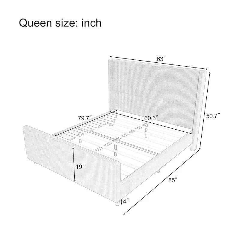 Cama tapizada en pana con cabecero de alas con rayas verticales, piecero, cama de plataforma de perfil bajo, cama de panel tipo trineo