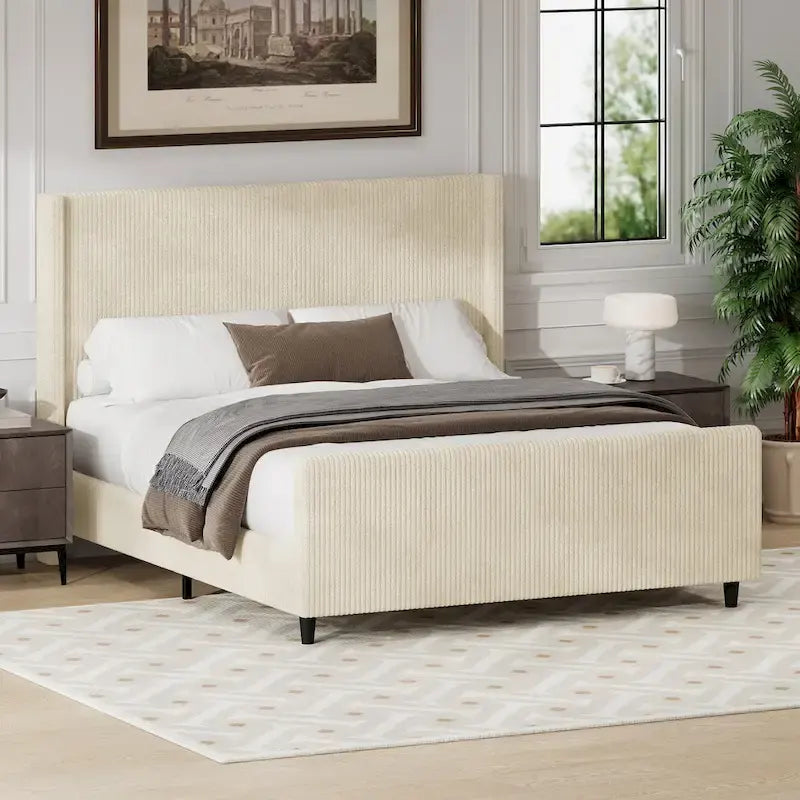 Cama tapizada en pana con cabecero de alas con rayas verticales, piecero, cama de plataforma de perfil bajo, cama de panel tipo trineo