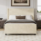 Cama tapizada en pana con cabecero de alas con rayas verticales, piecero, cama de plataforma de perfil bajo, cama de panel tipo trineo