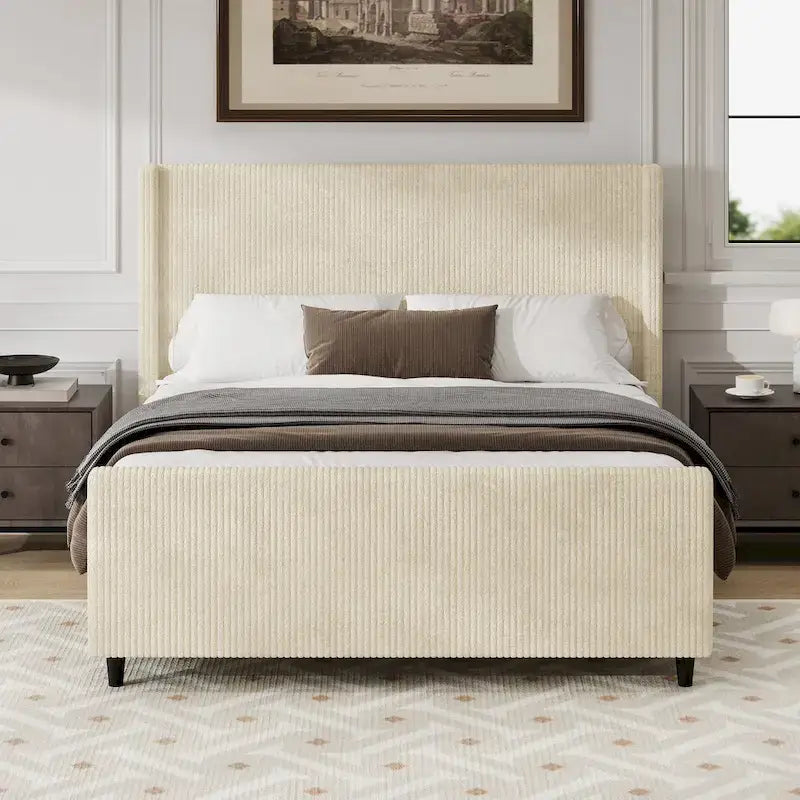 Cama tapizada en pana con cabecero de alas con rayas verticales, piecero, cama de plataforma de perfil bajo, cama de panel tipo trineo