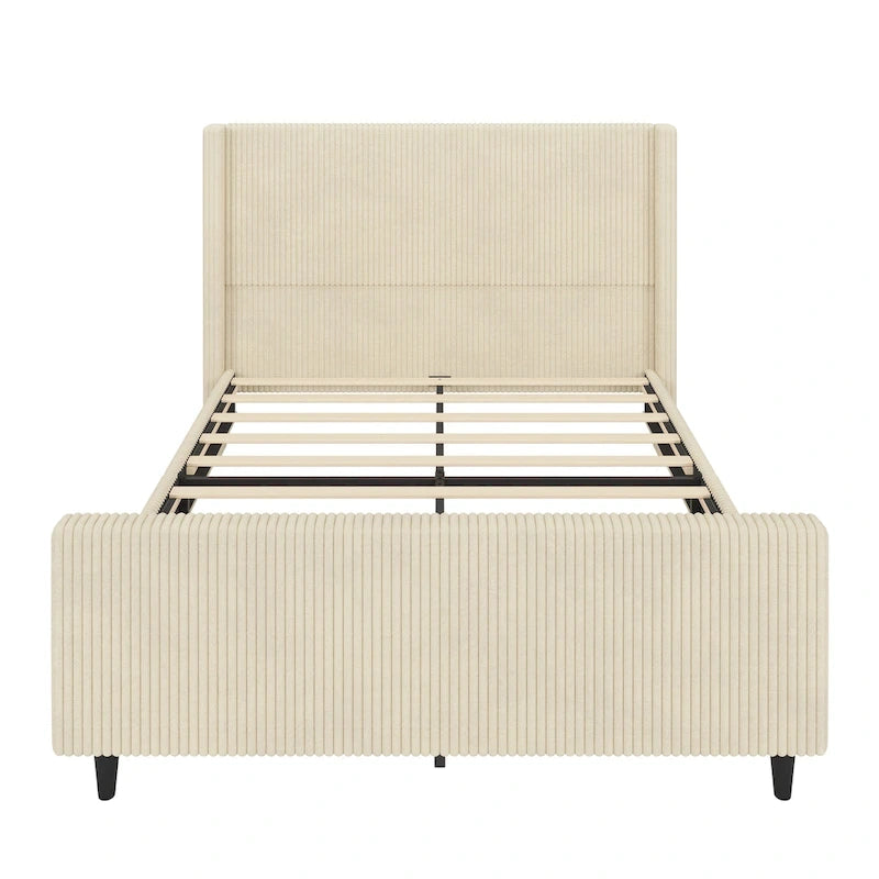 Cama tapizada en pana con cabecero de alas con rayas verticales, piecero, cama de plataforma de perfil bajo, cama de panel tipo trineo