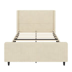 Cama tapizada en pana con cabecero de alas con rayas verticales, piecero, cama de plataforma de perfil bajo, cama de panel tipo trineo