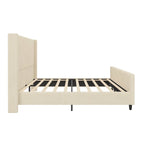 Cama tapizada en pana con cabecero de alas con rayas verticales, piecero, cama de plataforma de perfil bajo, cama de panel tipo trineo