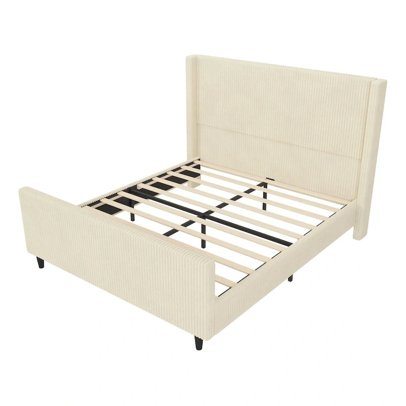 Cama tapizada en pana con cabecero de alas con rayas verticales, piecero, cama de plataforma de perfil bajo, cama de panel tipo trineo