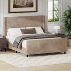 Cama tapizada en pana con cabecero de alas con rayas verticales, piecero, cama de plataforma de perfil bajo, cama de panel tipo trineo