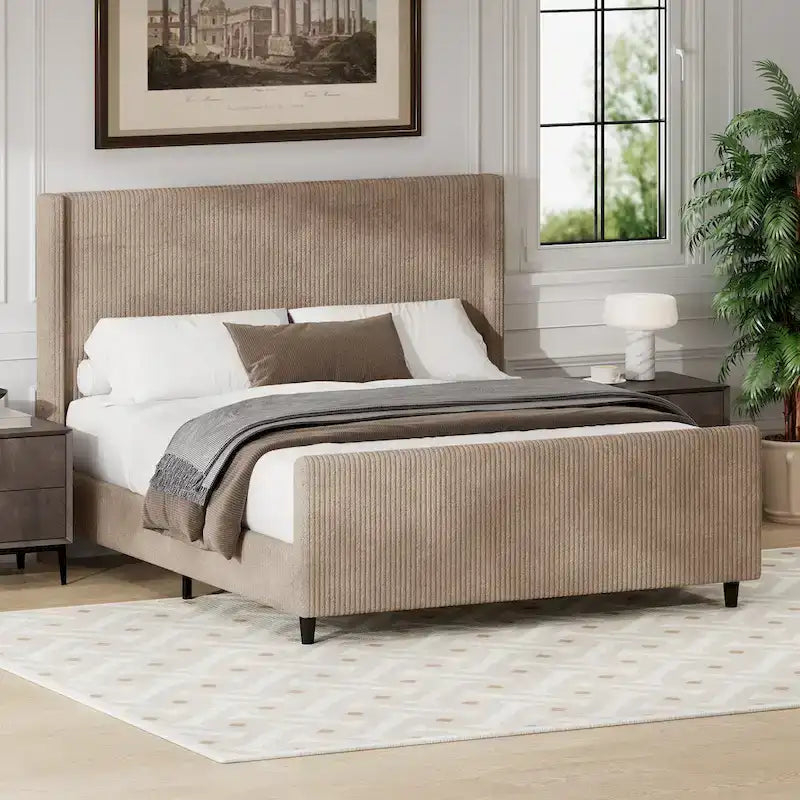 Cama tapizada en pana con cabecero de alas con rayas verticales, piecero, cama de plataforma de perfil bajo, cama de panel tipo trineo