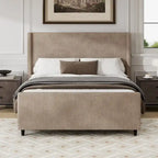 Cama tapizada en pana con cabecero de alas con rayas verticales, piecero, cama de plataforma de perfil bajo, cama de panel tipo trineo