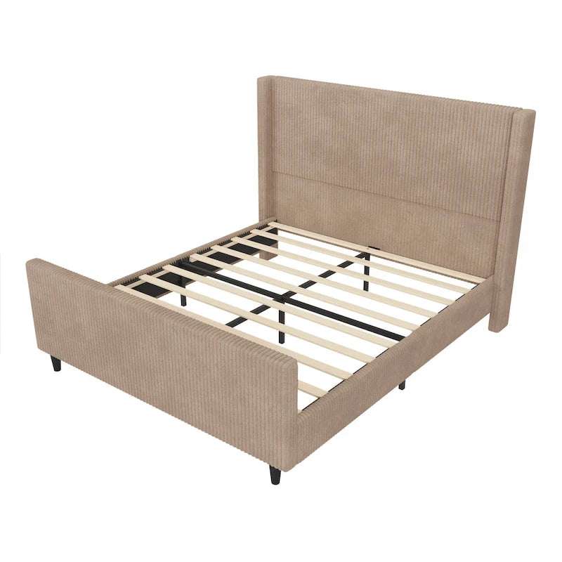 Cama tapizada en pana con cabecero de alas con rayas verticales, piecero, cama de plataforma de perfil bajo, cama de panel tipo trineo