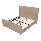 Cama tapizada en pana con cabecero de alas con rayas verticales, piecero, cama de plataforma de perfil bajo, cama de panel tipo trineo