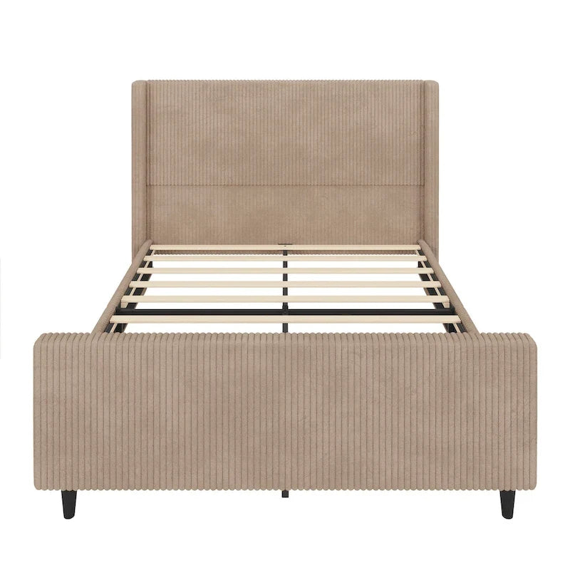 Cama tapizada en pana con cabecero de alas con rayas verticales, piecero, cama de plataforma de perfil bajo, cama de panel tipo trineo