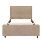 Cama tapizada en pana con cabecero de alas con rayas verticales, piecero, cama de plataforma de perfil bajo, cama de panel tipo trineo