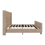 Cama tapizada en pana con cabecero de alas con rayas verticales, piecero, cama de plataforma de perfil bajo, cama de panel tipo trineo