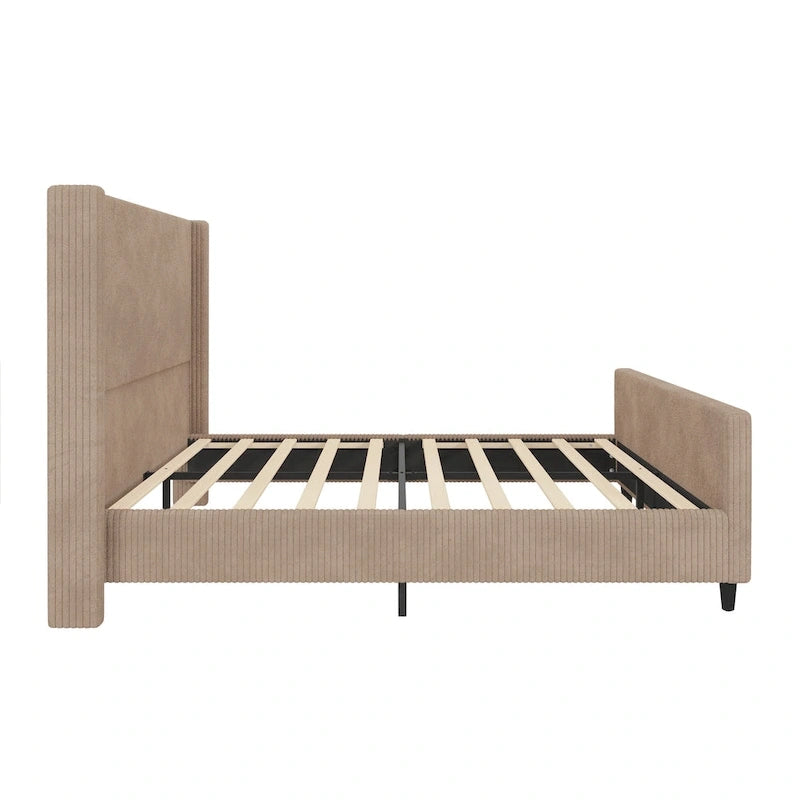 Cama tapizada en pana con cabecero de alas con rayas verticales, piecero, cama de plataforma de perfil bajo, cama de panel tipo trineo