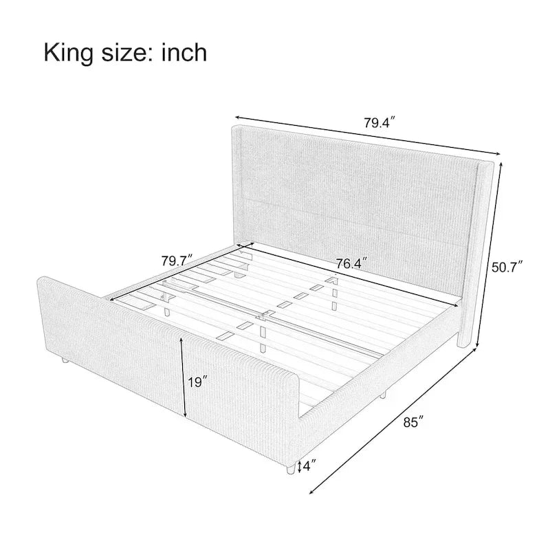 Cama tapizada en pana con cabecero de alas con rayas verticales, piecero, cama de plataforma de perfil bajo, cama de panel tipo trineo